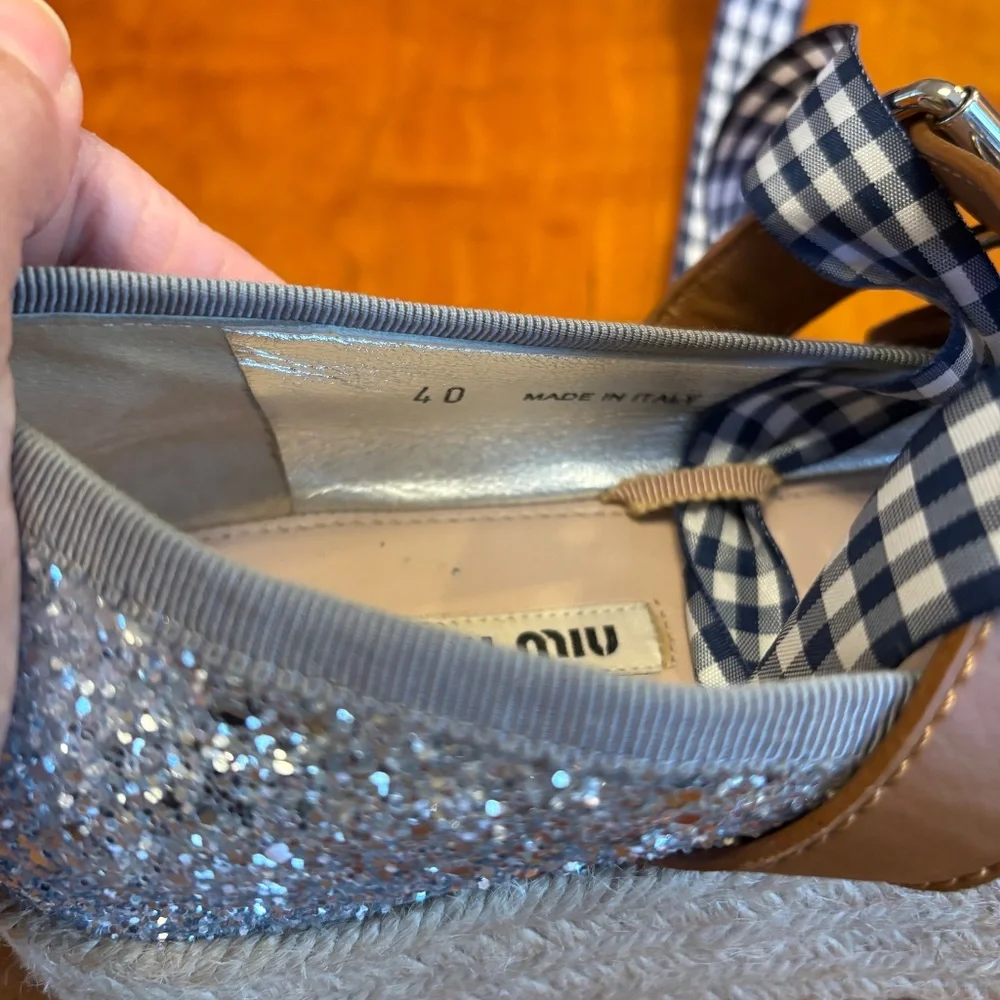 Retail $650! Miu Miu Glitter Silver Platform Espadrilles Removables Ties 40 9.5